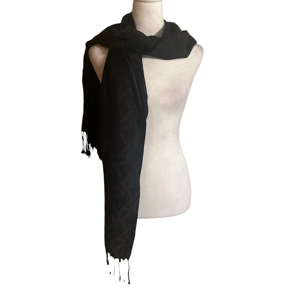 Anne Klein Black Logo Jacquard Fringe Scarf Wrap